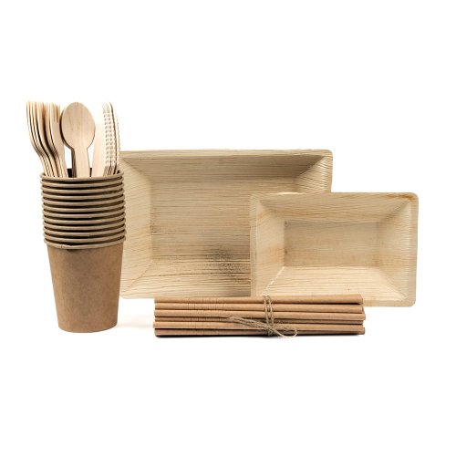 Zestaw naczyń jednorazowych prostokątnych z liści palmowych dla 25 osób