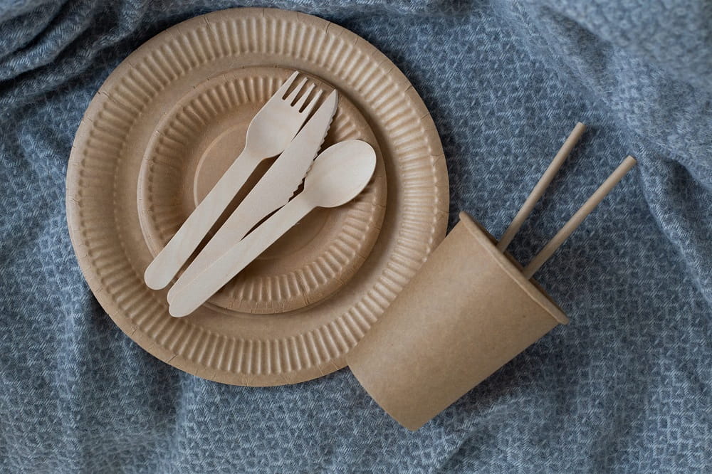 Elegancki eko zestaw naczyń jednorazowych w użyciu – na piknik, imprezę, wydarzenie plenerowe