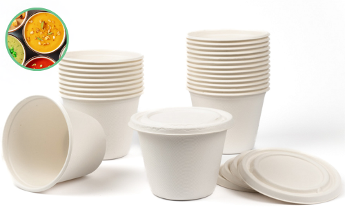 Pojemniki wysokie z trzciny cukrowej z pokrywkami  350-400 ml 50 szt.