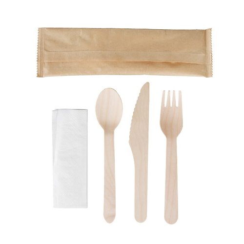 Komplet sztućców drewnianych (łyżka, nóż, widelec) z serwetką 250 szt.